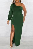 Army Green Sexy Solid Slit One Shoulder Pencil Skirt Dresses
