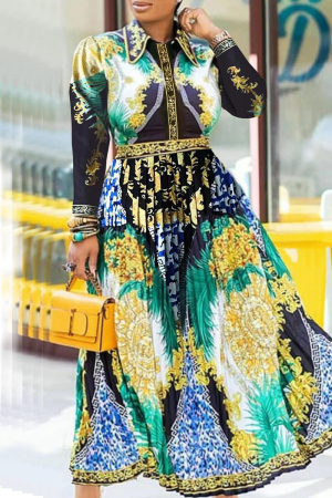 Black Gold Celebrities Elegant Print Printing Turndown Collar Printed Dress Dresses