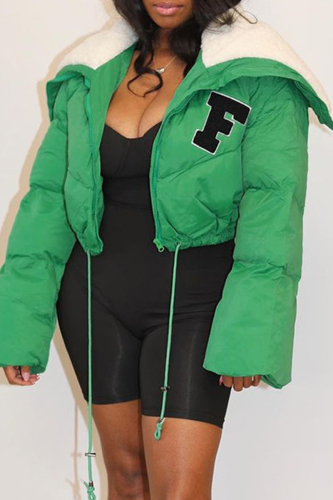 Green Street Print Patchwork Draw String Turndown Collar Outerwear