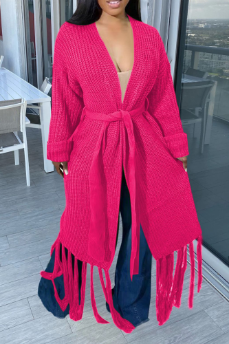 Rose Red Casual Solid Tassel V Neck Outerwear