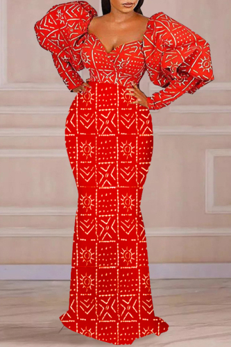 Red Graphic Print Square Neck Long Bubble Sleeve Mermaid Hem Evening Wedding Party Wrap Maxi Dress