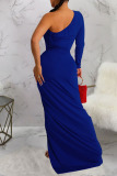 Colorful Blue Sexy Solid Patchwork Fold Oblique Collar Evening Dress Dresses
