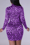 Purple Sexy Print Patchwork Zipper Half A Turtleneck Long Sleeve Dresses