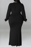 Black Elegant Solid Patchwork V Neck Long Sleeve Plus Size Dresses