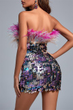 Colour Sexy Patchwork Sequins Backless Strapless One Step Skirt Dresses