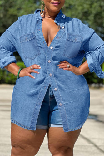 Medium Blue Casual Solid Patchwork Turndown Collar Tops
