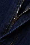 Deep Blue Fashion Casual Solid Patchwork Zipper High Waist Skinny Denim Jeans