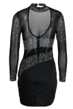 Black Sexy Patchwork Hot Drilling See-through Backless Turtleneck Long Sleeve Dresses