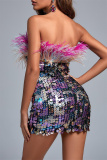 Colour Sexy Patchwork Sequins Backless Strapless One Step Skirt Dresses