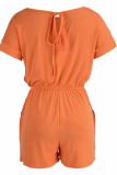 Orange Fashion Casual Solid Basic O Neck Regular Rompers