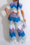 Blue Sexy Striped Print Patchwork Asymmetrical Turndown Collar Short Sleeve Two Pieces
