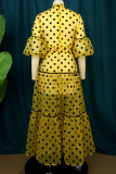 Yellow Casual Sweet Print Polka Dot Bandage Patchwork O Neck Straight Dresses