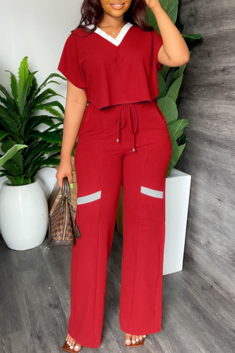 Red Casual Solid Patchwork V Neck Short Sleeve Two Pieces
