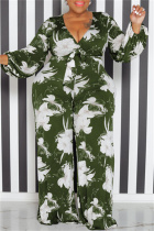 Army Green Casual Print Patchwork V Neck Plus Size Jumpsuits