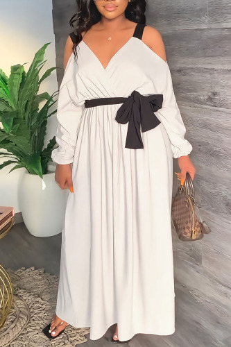 White Casual Sweet Solid Bandage Patchwork V Neck Straight Dresses