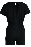 Black Fashion Casual Solid Basic O Neck Regular Rompers