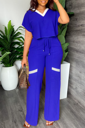 Blue Casual Solid Patchwork V Neck Short Sleeve Two Pieces