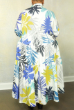 White Casual Print Patchwork Turndown Collar Long Sleeve Plus Size Dresses
