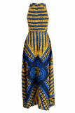 Yellow Blue Fashion Vintage Print Patchwork O Neck Sleeveless Dress