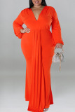 Tangerine Red Elegant Solid Patchwork V Neck Long Sleeve Plus Size Dresses