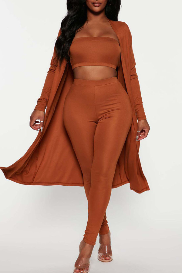 Caramel Colour Sexy Solid Patchwork Strapless Long Sleeve Two Pieces