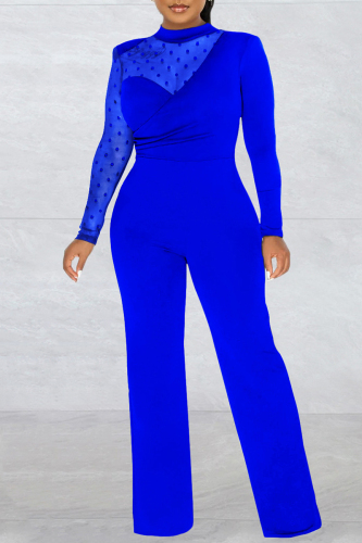 Blue Casual Patchwork See-through Turtleneck Regular Jumpsuits