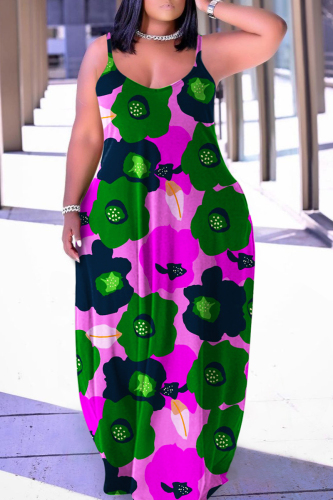 Rose Red Green Sexy Casual Print Backless Spaghetti Strap Long Dress Plus Size Dresses