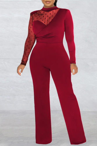 Burgundy Casual Patchwork See-through Turtleneck Regular Jumpsuits
