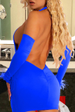 Blue Sexy Solid Hollowed Out Backless Halter Long Sleeve Dresses (With Sleeves)