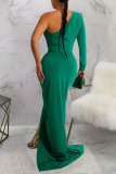 Green Sexy Solid Patchwork Fold Oblique Collar Evening Dress Dresses
