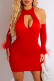 Red Sexy Solid Hollowed Out Backless Halter Long Sleeve Dresses (With Sleeves)
