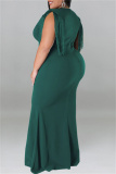 Green Casual Plus Size Solid Tassel Patchwork V Neck Long Dress