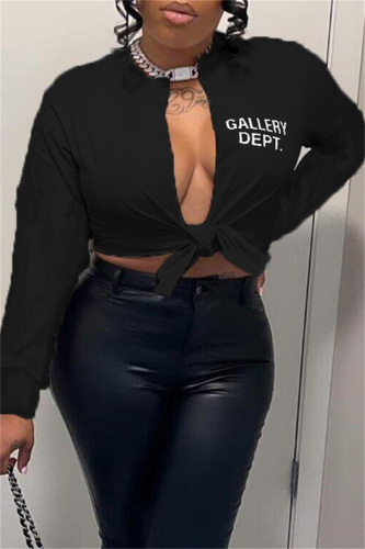 Black Casual Letter Print Bandage V Neck Tops