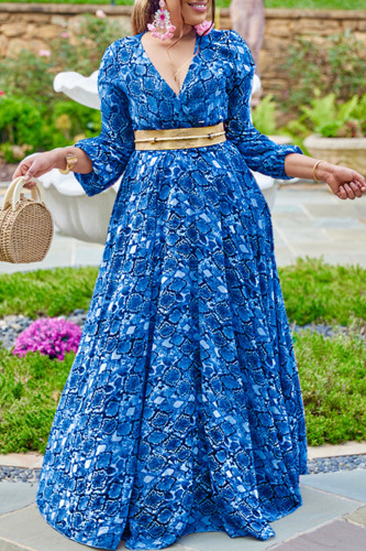 Blue Casual Sweet Print Patchwork V Neck Plus Size Dresses