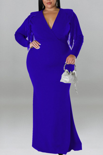Blue Sexy Solid Tassel Patchwork V Neck Straight Plus Size Dresses