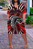 Black Red Street Print Patchwork V Neck Straight Dresses
