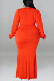 Tangerine Red Elegant Solid Patchwork V Neck Long Sleeve Plus Size Dresses