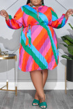 Red Yellow Casual Print Bandage Patchwork Fold O Neck Straight Plus Size Dresses