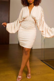 Cream White Casual Street Solid Patchwork Fold Asymmetrical V Neck One Step Skirt Dresses