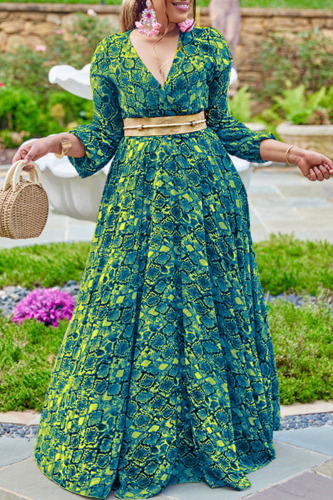 Green Casual Sweet Print Patchwork V Neck Plus Size Dresses
