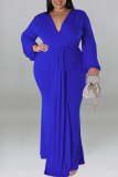 Blue Elegant Solid Patchwork V Neck Long Sleeve Plus Size Dresses