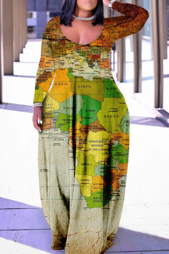 Green Casual Print Patchwork V Neck Long Sleeve Plus Size Dresses