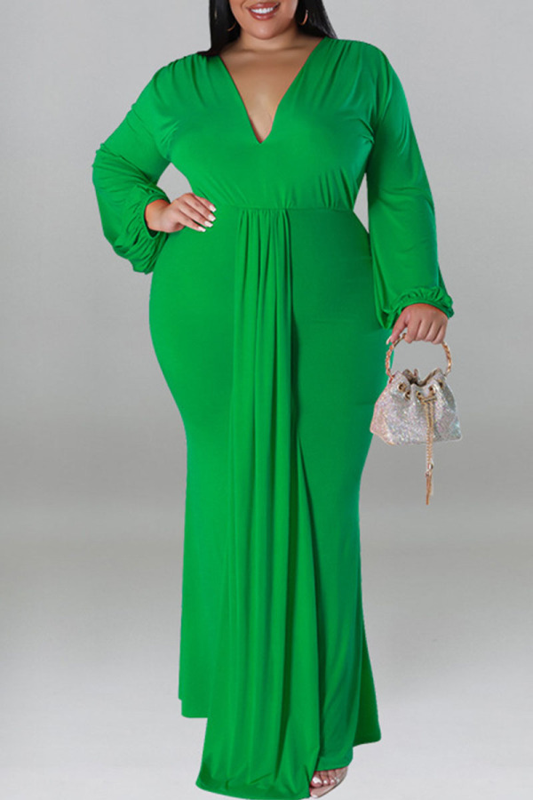 Green Elegant Solid Patchwork V Neck Long Sleeve Plus Size Dresses
