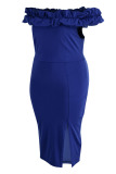 Blue Sexy Solid Patchwork Slit Fold Off the Shoulder One Step Skirt Plus Size Dresses