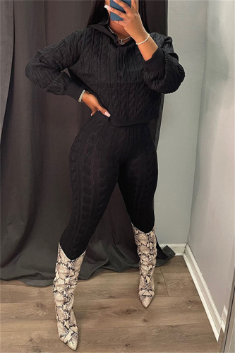 Black Casual Solid Patchwork Hooded Collar Long Sleeve Two Pieces