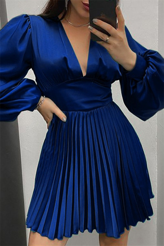 Deep Blue Casual Solid Patchwork Fold V Neck Pleated Dresses