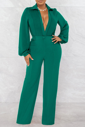 Green Sexy Solid Patchwork V Neck Straight Jumpsuits