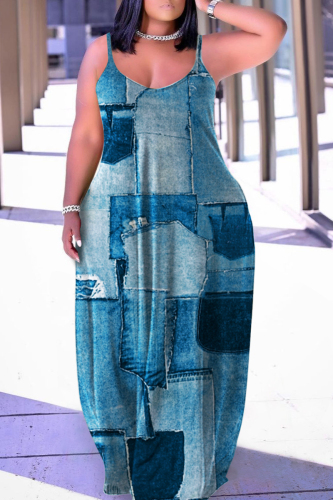 Blue Sexy Casual Print Backless Spaghetti Strap Long Dress Plus Size Dresses