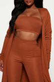 Caramel Colour Sexy Solid Patchwork Strapless Long Sleeve Two Pieces