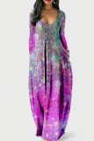 Fuchsia Casual Print V Neck Long Sleeve Dresses